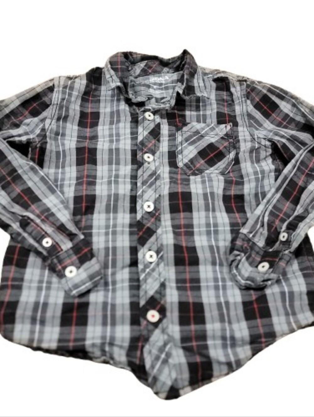 Arizona Button Up Dress Shirt Toddler Boys Size 5T Black Gray Plaid Long Sleeve